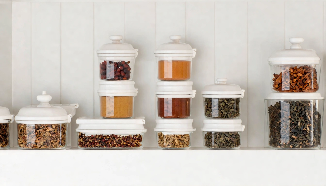 正確茶葉保存方式示範,展示密封罐、陶瓷茶葉罐、鋁箔夾鏈袋等正確保存容器,乾淨整潔的展示