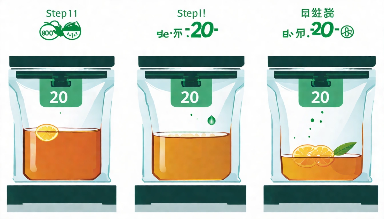 茶葉冷藏保存步驟圖,展示三步驟:1.完全密封夾鏈袋放入冰箱 2.取出後靜置等回溫(計時器圖示顯示20-30分鐘) 3.待外袋無冷凝水氣才開封取茶