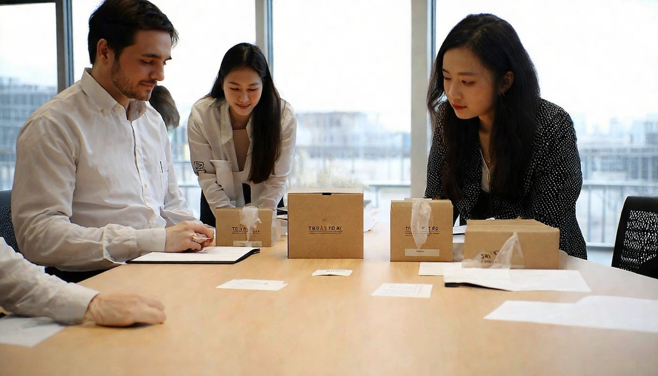 OEM茶包樣品確認流程，品牌商和供應商在會議桌上確認茶包樣品，桌上有茶包樣品、包裝盒樣本、茶湯評估記錄，呈現專業的B2B樣品確認會議場景