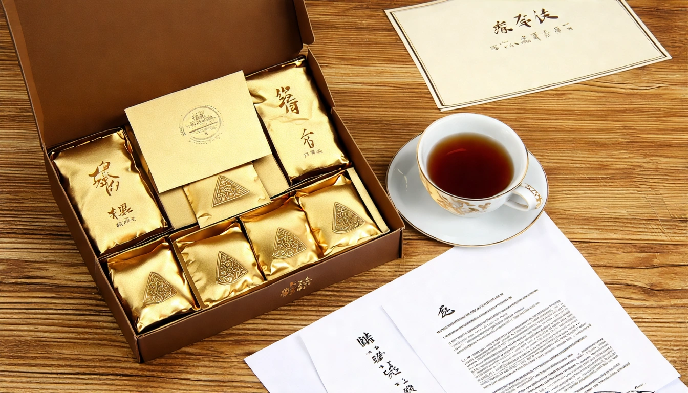 台灣茶葉OEM禮盒成品展示，精美的客製禮盒打開後呈現三角立體茶包整齊排列，外盒燙金品牌LOGO，旁邊放著樣品確認文件和一杯已沖泡的台灣烏龍茶湯，呈現品牌化茶葉禮盒的最終成品質感