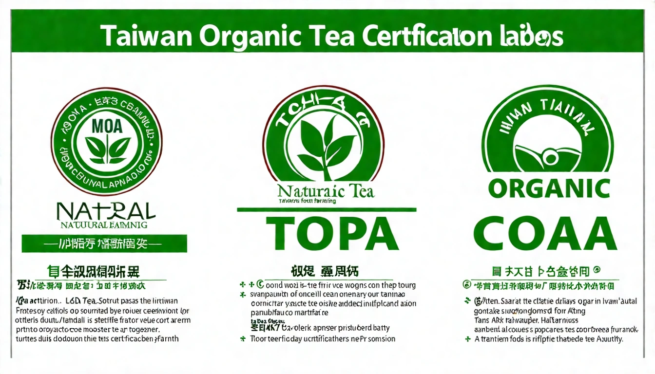 台灣有機茶葉認證標章說明圖,MOA、TOPA、COAA三個主要認證標章並排,搭配說明文字和有機茶葉的自然農場背景