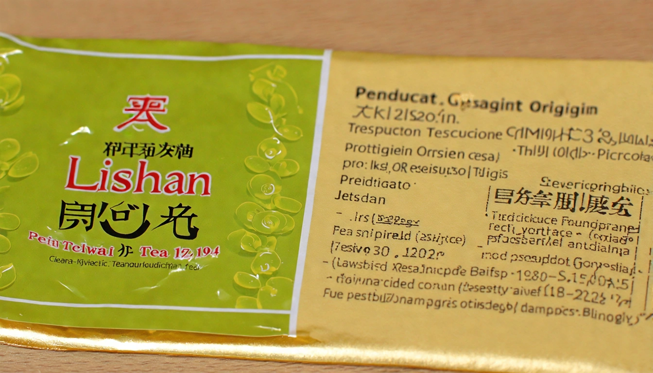 正規台灣茶葉標籤說明圖,一個完整的台灣茶包裝正面:清楚標示產地「梨山」、製造商名稱、製造日期、農藥殘留合格標示,搭配農委會抽驗合格示意