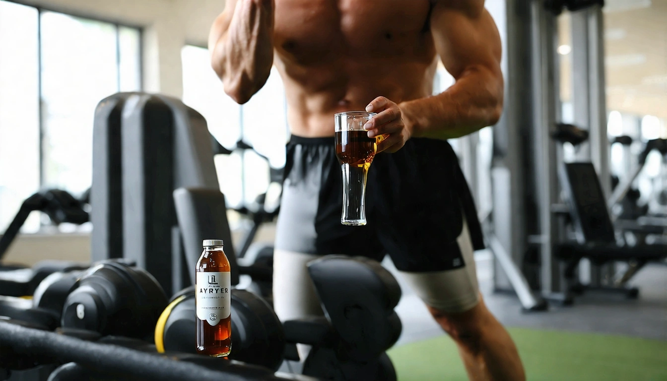 健身族喝茶情境,運動後補充清淡台灣茶,旁邊有運動器材,健康活力的氛圍