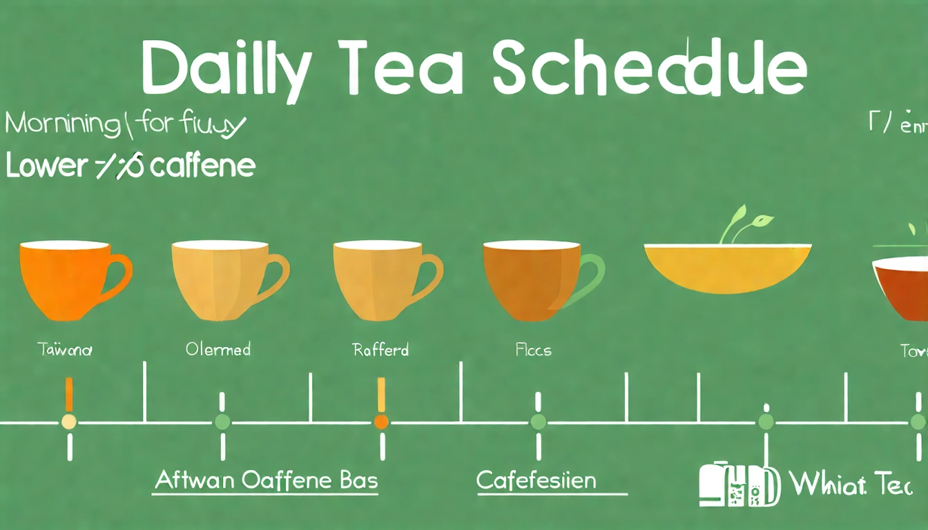 上班族一天喝茶時間軸,從早餐後到下班後,標示每個時段推薦的台灣茶款與咖啡因含量,清晰的橫向時間軸設計