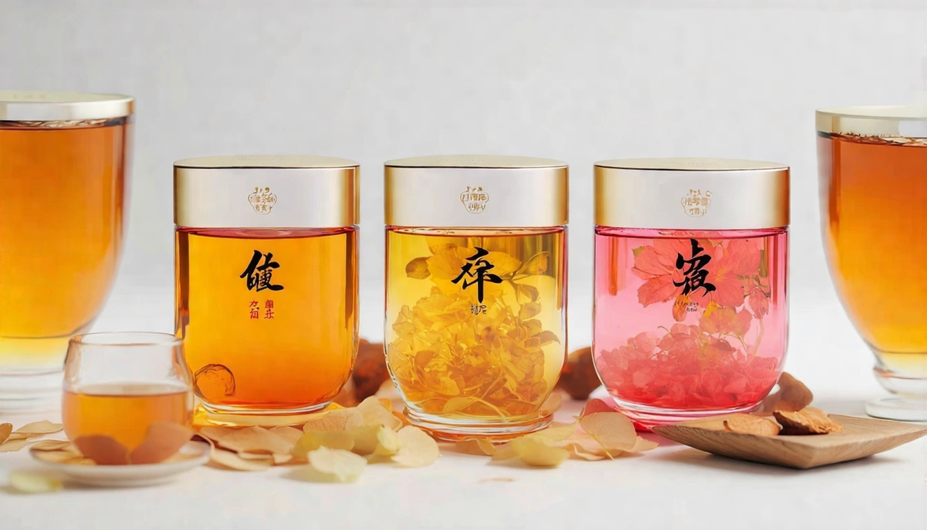 女性喜愛的5款台灣茶排列，東方美人琥珀蜜香、蜜香紅茶深琥珀、金萱奶白柔和、玫瑰花茶粉紅優雅、四季春清透金黃，視覺美感強