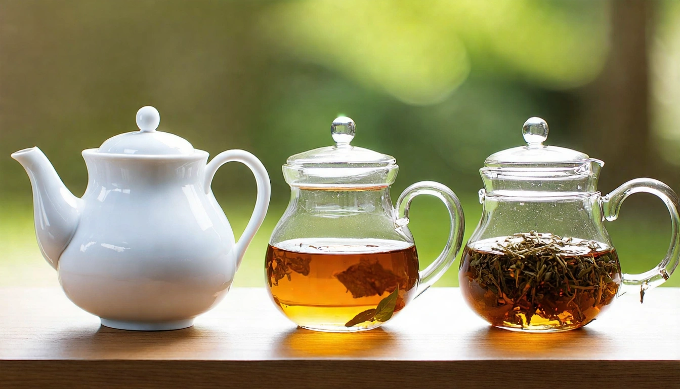 三種材質茶具並排比較：白瓷茶壺（清透呈現茶色）、玻璃茶壺（可觀察茶葉）、陶器茶壺（樸實質感），各自搭配對應的茶湯顏色展示