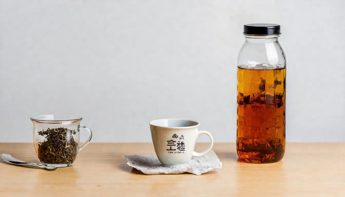 辦公室三種輕便茶具方案對比，左起：玻璃過濾杯（散茶直接泡）、馬克杯加茶包（最常見）、冷泡瓶（早上放好下午喝），三個方案並排在辦公桌上