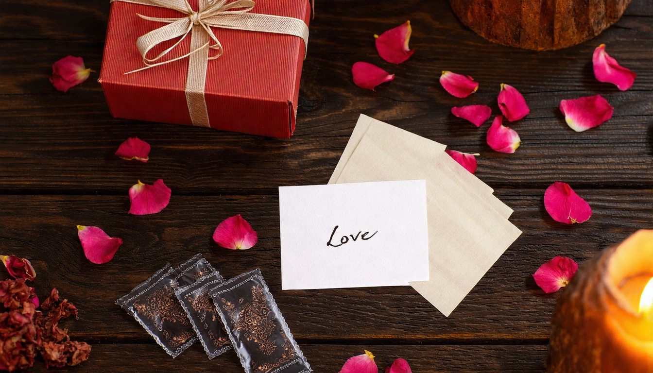 七夕場景，深色木桌上擺著蜜香紅茶精緻禮盒和玫瑰烏龍茶包，旁邊有乾燥玫瑰花瓣散落，一張手寫情人卡，溫馨燭光暖調