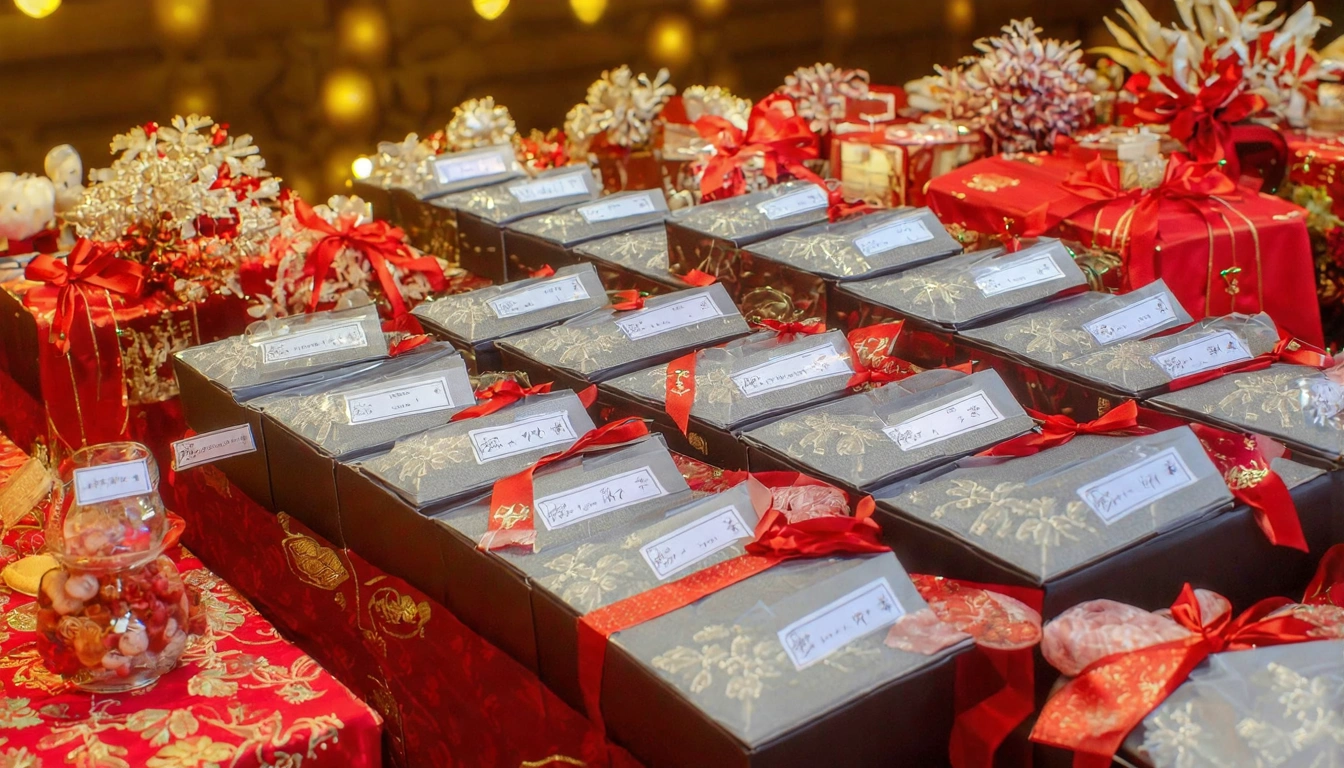 俯視角，辦公室尾牙場景，會議桌上整齊排列多個精裝台灣茶禮盒，貼著獎項標籤，背景是辦公室年末布置