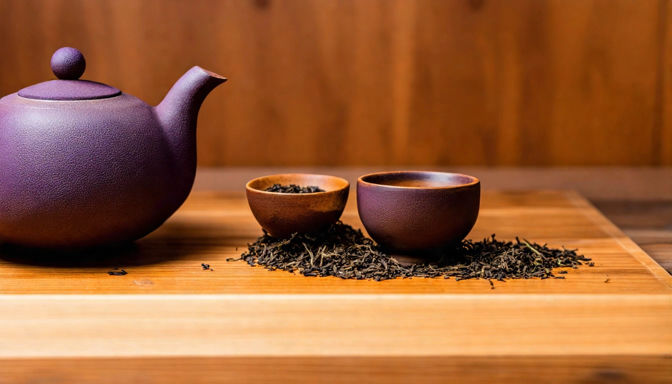 木柵鐵觀音功夫茶泡法步驟圖，小紫砂壺旁擺著捲曲深棕色鐵觀音球形茶葉，右側是深橙紅色清澈茶湯，展示醒茶、沖泡、出湯的完整過程