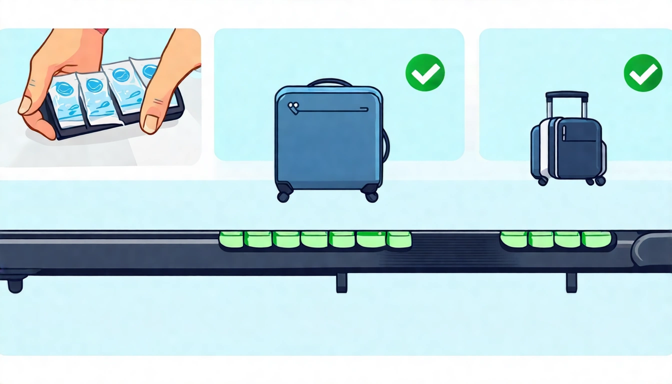 旅行茶包打包技巧示意圖，左：夾鏈袋密封茶包；中：放入行李箱內袋；右：機場安檢檯旁的示意（綠燈通過），搭配文字說明