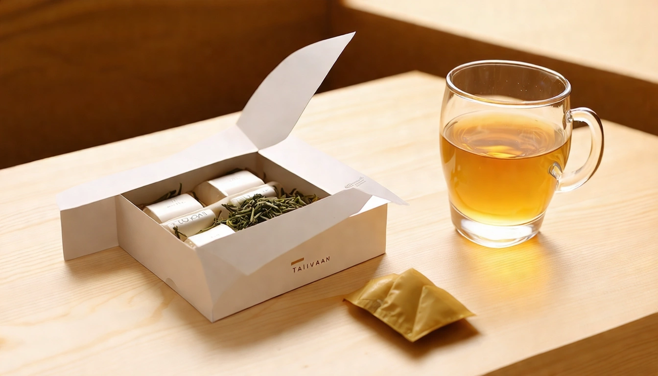外國朋友收到台灣茶包伴手禮的溫馨場景，淺色桌面上一盒精緻包裝的台灣茶包禮盒半開，旁邊有一杯剛泡好的金黃色茶，自然光側拍，暖色調