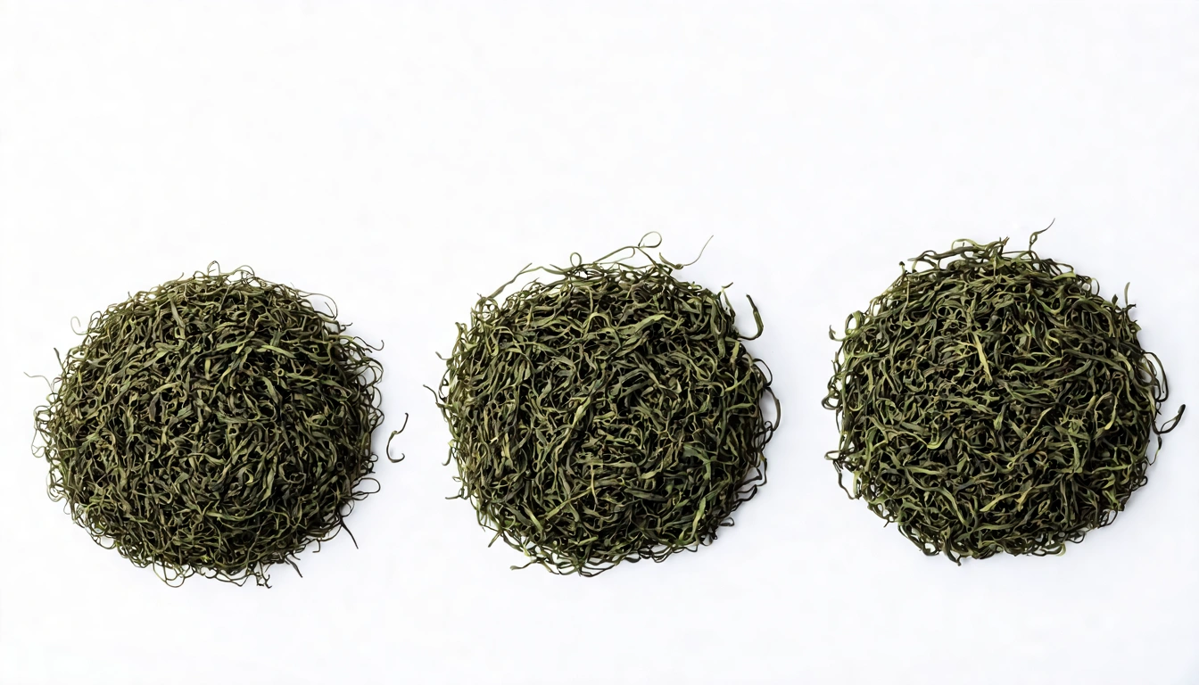 文山包種茶三個等級比較，從左至右等級遞增：入門商品茶（條索略鬆、翠綠）、中段商品茶（條索緊結、深翠綠）、比賽茶等級（緊結勻整、顏色最深最均勻），視覺差異清晰