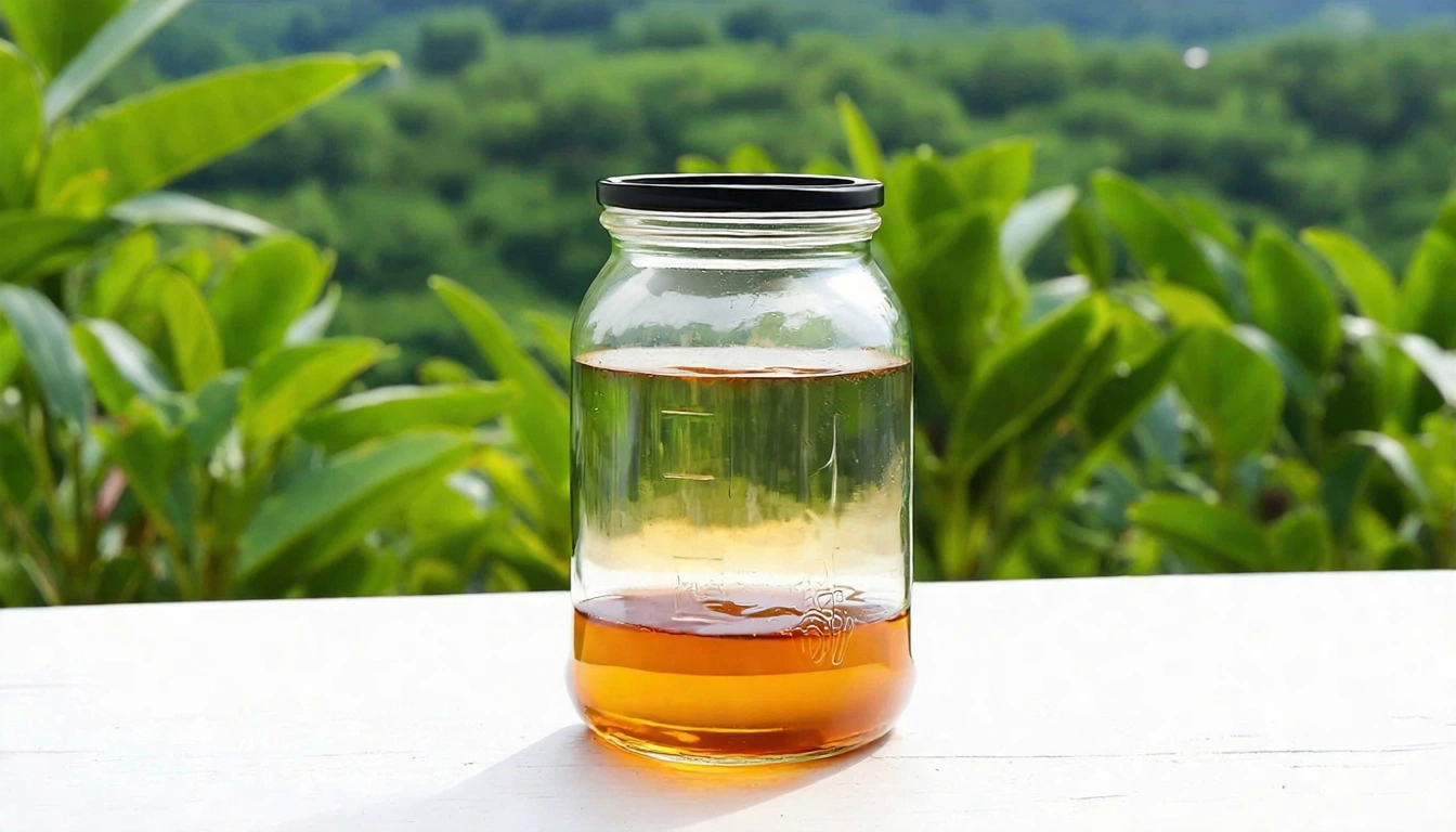 文山包種茶冷泡完成後的清透茶湯，裝在玻璃瓶中呈現淡金黃色，背景有坪林山區的綠色自然景色，展示台灣最清香烏龍茶的冷泡美感